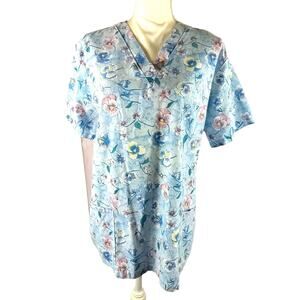 Fashion Seal Healthcare Scrub Top Size Medium Blue White Pink Pansy Flowers